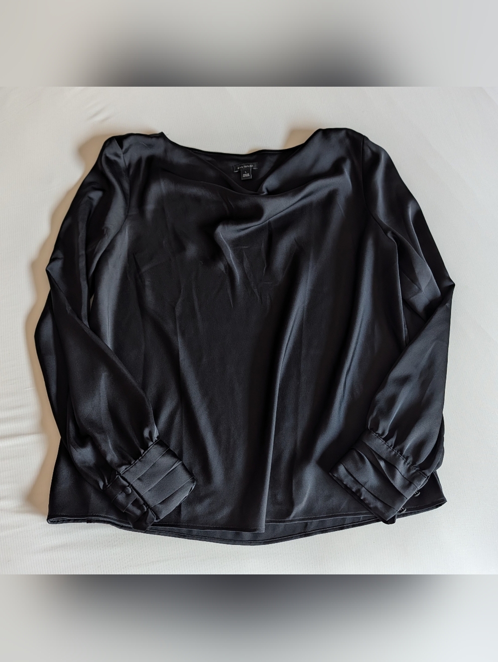 Ann Taylor Black Satin Cowl Boat neck Long Sleeve Blouse with Button Cuffs